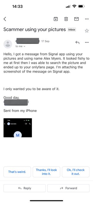 @signalapp hi how do I report an account using my photos and details to scam people? https://t.co/3p<a class="tags" target="_blank" title="On Twitter" href="/?out=eyJ0eXAiOiJKV1QiLCJhbGciOiJIUzUxMiJ9.eyJpYXQiOjE3MjIwMjM1MjYsImlzcyI6InR3cG9ybnN0YXJzLmNvbSIsIm5iZiI6MTcyMjAyMzUyNiwiZXhwIjoxNzUzNTU5NTI2LCJyZWRpcmVjdF91cmwiOiJodHRwczovL3R3aXR0ZXIuY29tL3NpZ25hbGFwcCJ9.KSMfR2tk0yYEZTZXpArxX2tj47w04FhWbo02iYT9vTGF6XwsLSWQ0Lhcb2UDaZPz0haooqO7Qv2Kpt8XL60Tgw">@signalapp</a>