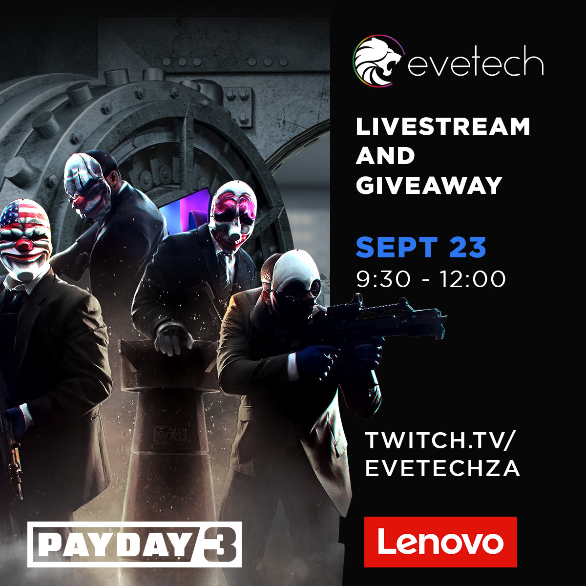 Evetech's tweet photo. Join us live this weekend, where Wookie will be back to join Dredd for the launch of Payday 3, this weekend. Get ready for some action-packed gameplay and hilarious commentary from the best team in town.
https://t.co/gJu4TDbhSG
https://t.co/vJhrCmPnsd
#evetech #Payday3 #LiveStream #WookieAndDredd #gaming #live #giveaways #lenovo