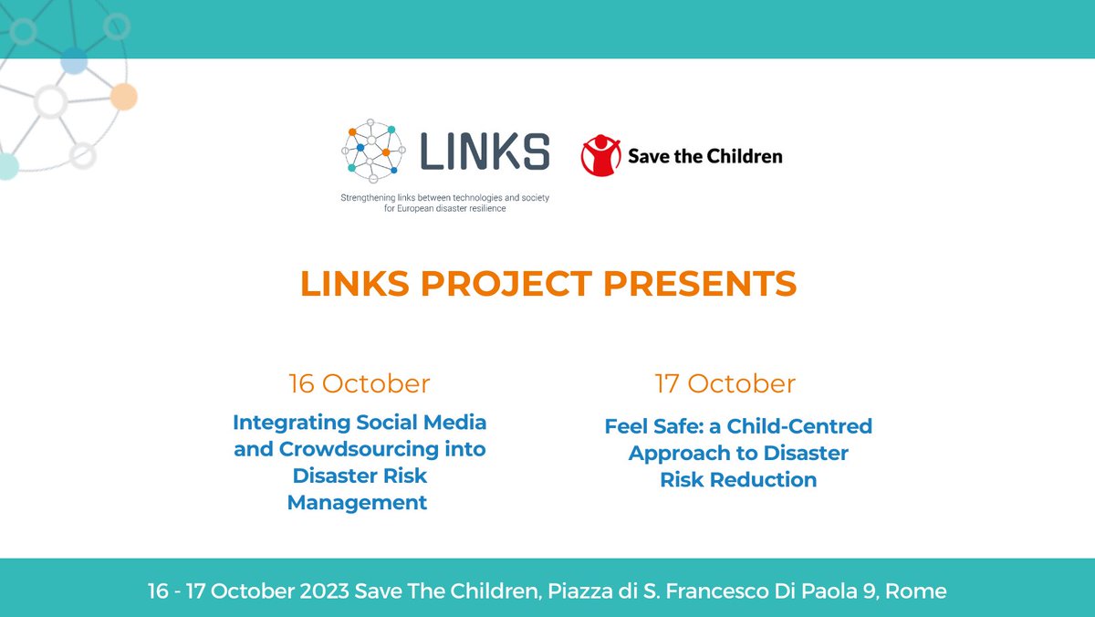 #LINKSH2020 Final Conference Integrating #socialmedia and #crowdsourcing into #disaster #riskmanagement (October 16) Feel Safe: a Child-Centred Approach to #disaster #riskreduction - hosted by @SaveChildrenIT (October 17) ENG: lnkd.in/dA6H3aJY ITA: lnkd.in/d_gmHstw
