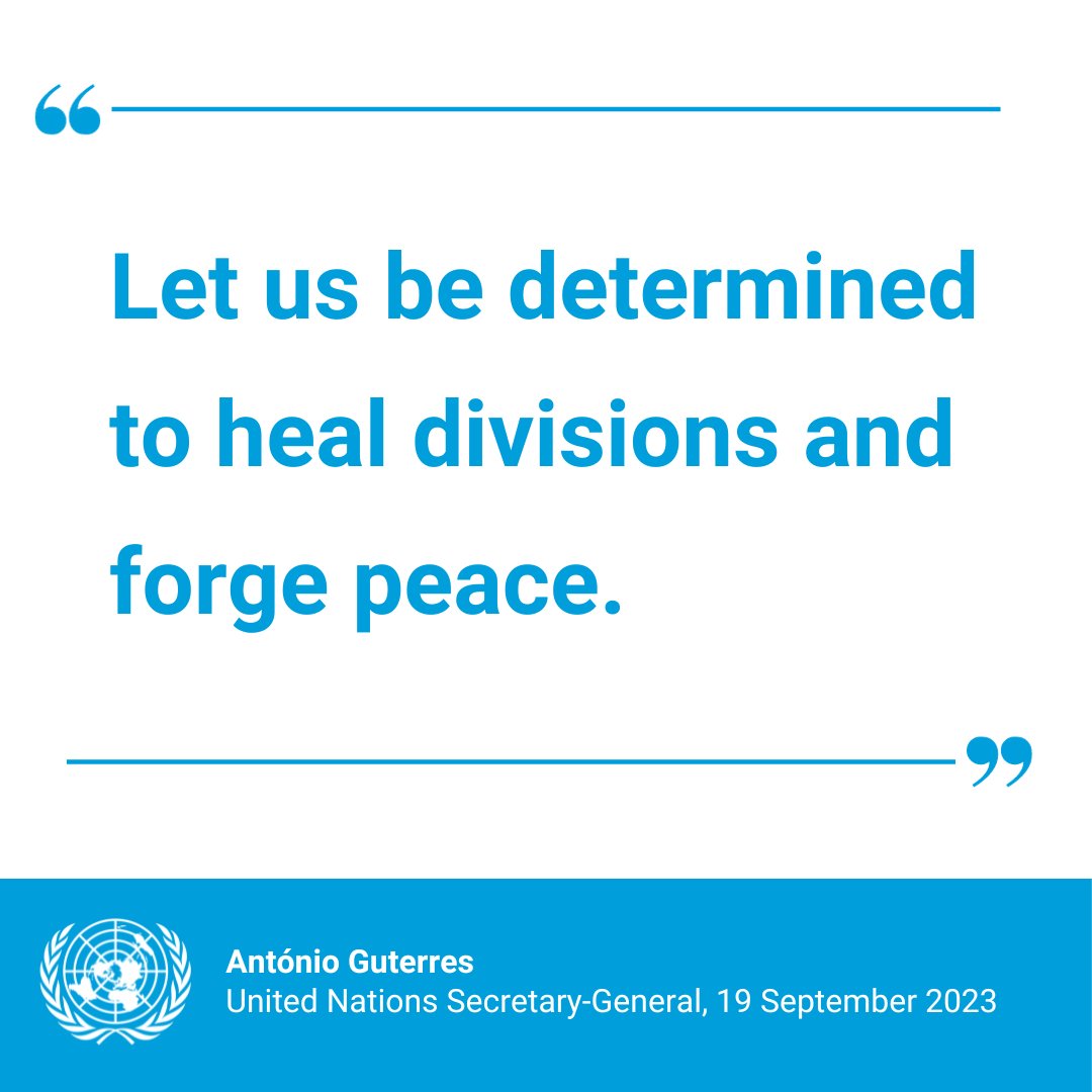 “Let us be determined to heal divisions and forge peace.

Determined to uphold the dignity and worth of every person.

Determined to realize the Sustainable Development Goals and effectively leave no one behind.”

– <a href="/antonioguterres/">António Guterres</a> to world leaders at #UNGA.