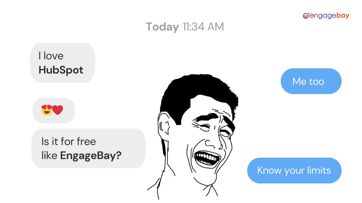 engagebay's tweet image. When you and your friend both appreciate HubSpot, but one of you knows where &apos;free&apos; meets &apos;limits.

#HubSpotLove
#KnowYourLimits