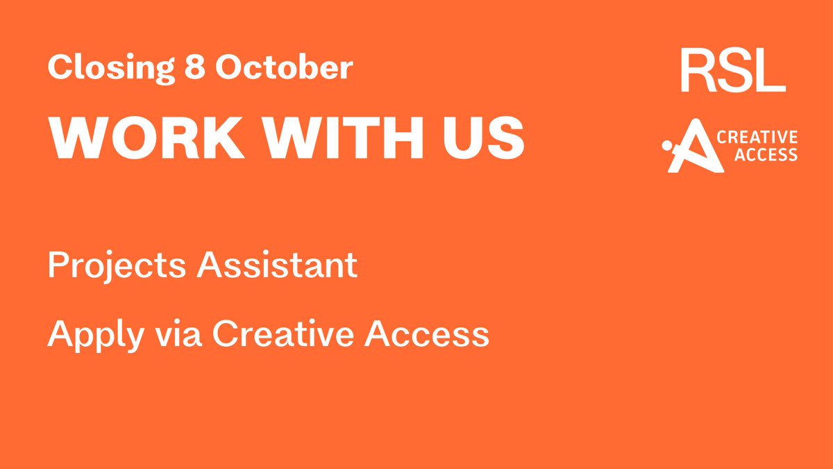 The RSL is growing - another exciting role is now open!
We are delighted to be working with @_CreativeAccess to recruit for our next Projects Assistant! If you want to join our team, we’d love to hear from you - apply via bit.ly/RSLCA 

#ArtsJobs #WeAreHiring #BookJobs