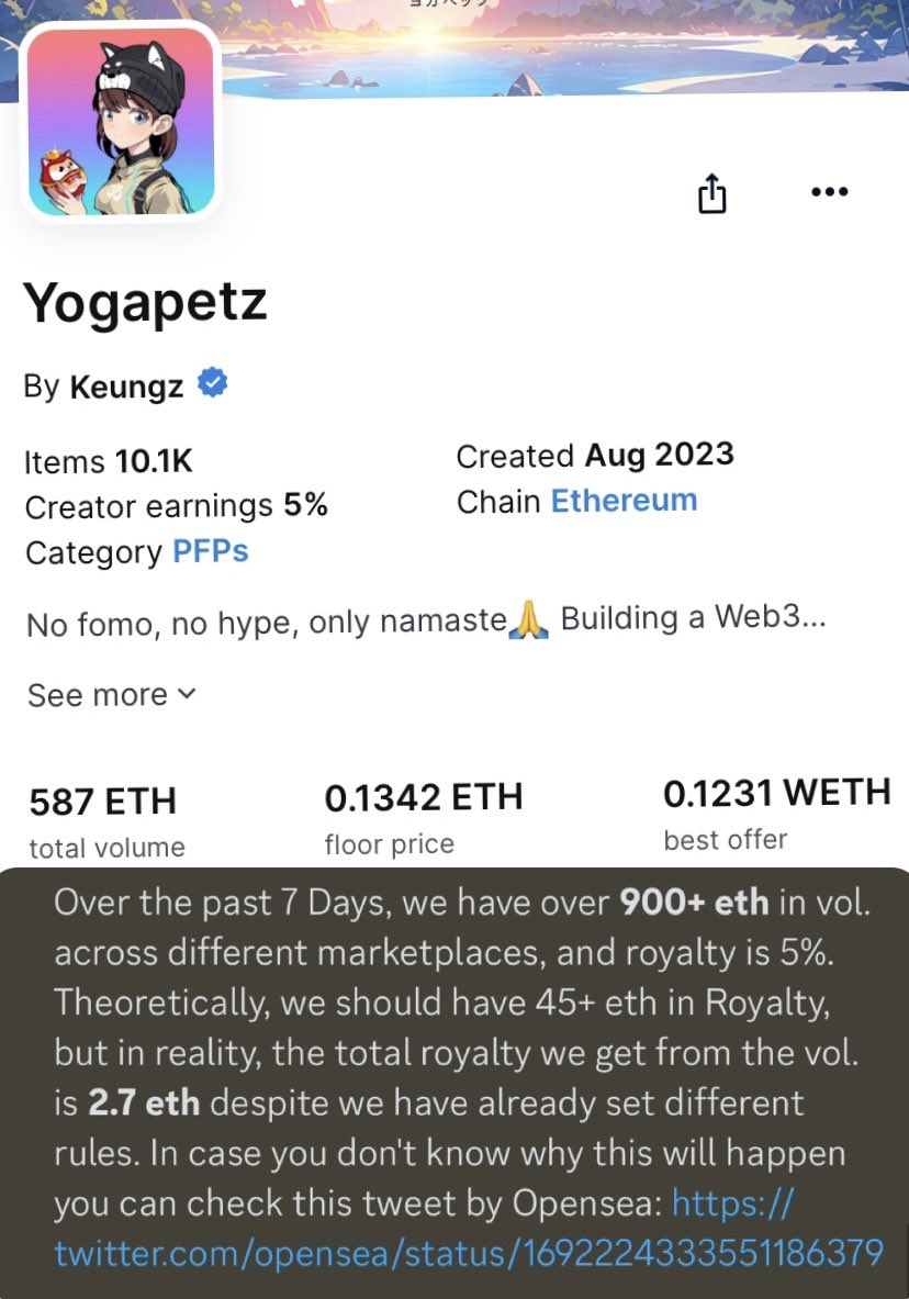 Yogapetz raised 2000+ETH on mint. A week later floor is 1/2 of mint price.

And founder complaining about why he didn’t get 43 ETH more from royalties.

Thoughts?