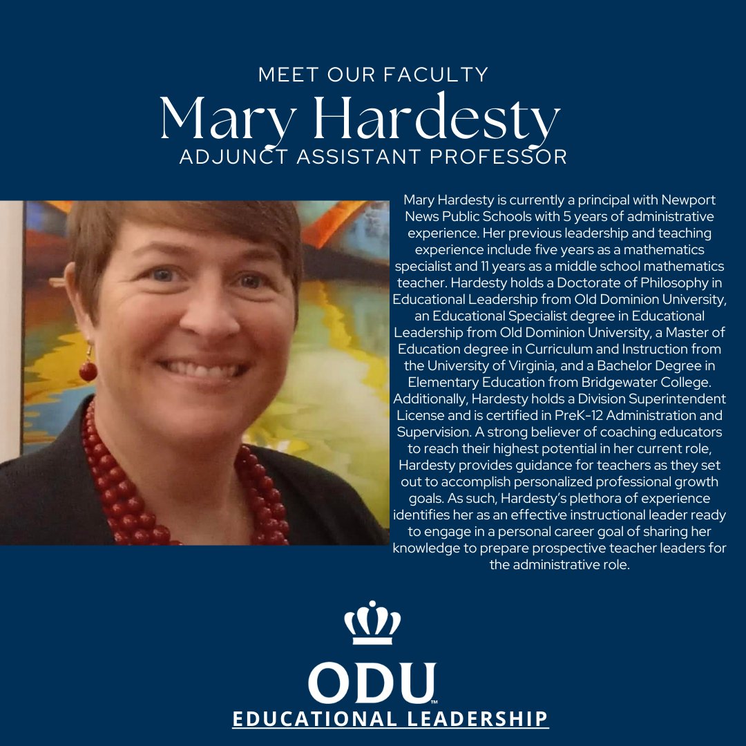 Meet <a href="/DocHardesty/">Mary Hardesty, Ph.D.</a>, one of our amazing #MonarchLEAD instructional faculty members! Learn more about the <a href="/ODU/">Old Dominion University</a> Ed LeadProgram: ww1.odu.edu/efl/academics/… are being accepted for our MSEd, EdS, &amp; PhD Cohorts (our next PhD Cohort launches Jan 11, 2024)!