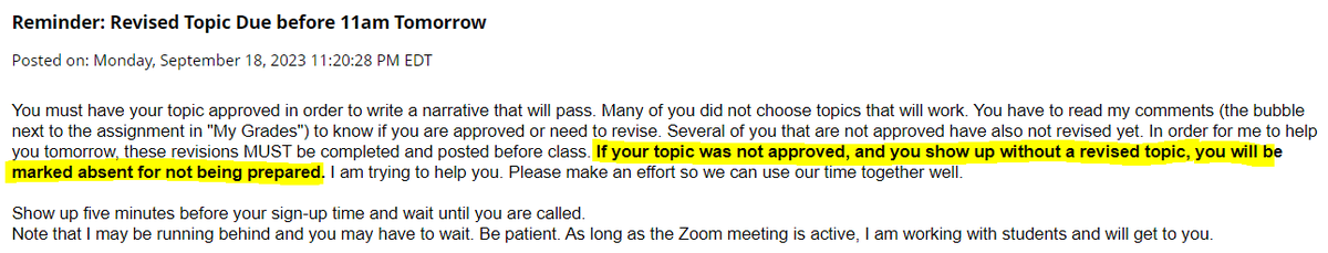 MatthewSpoor's tweet photo. Update: She is now threatening to mark folks as absent if they are not properly prepared for class. Remember, her policy is four absences and you fail the class. https://t.co/vxmTpIgtgJ