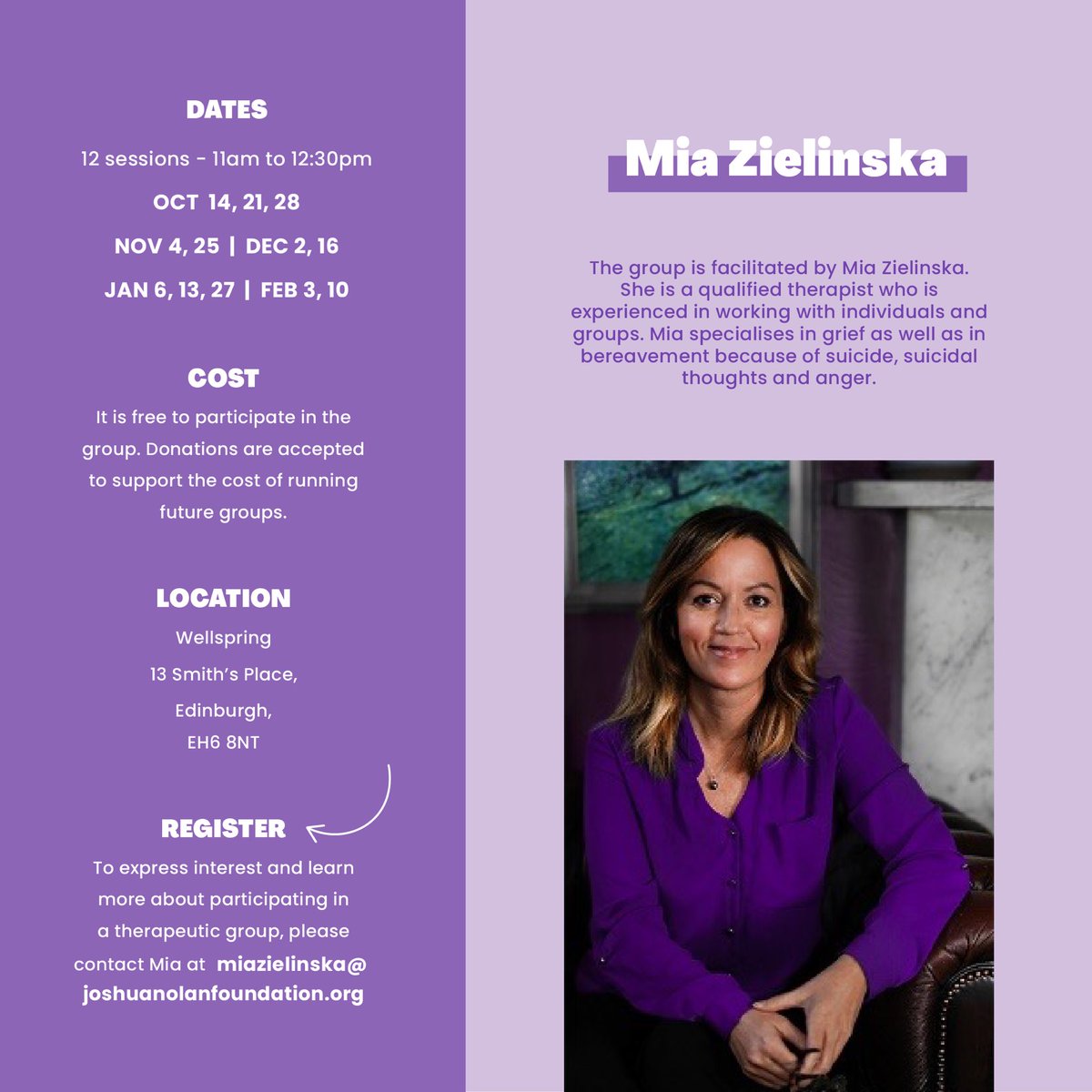 TheJNF's tweet image. ✨Introducing GROUP THERAPY

We are now offering group therapy session for women!

These sessions are FREE and are available from Oct to Feb.

To register your interest please contact Mia, our qualified therapist: miazielinska@joshuanolanfoundation.org

#grouptherapyforwomen