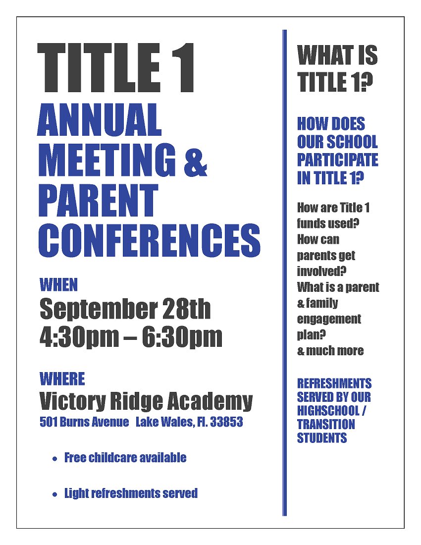 VictoryRidge's tweet photo. **REUNIÓN ANUAL DEL TÍTULO 1 DE VRA Y CONFERENCIAS DE PADRES**

VRA celebrará su reunión anual de Título 1 y conferencias de padres el Jueves 28 de Septiembre de 2023 de 4:30 a 6:30 p.m. https://t.co/P9NLBYSijz