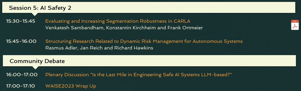 WAISE_AIsafety's tweet photo. After a much-needed coffee break, we are back with the final technical session which is followed by a plenary discussion with the question "Is the Last Mile in Engineering Safe AI Systems LLM-based?" #waise23 @safecomp2023 https://t.co/GzbJJ0irFY