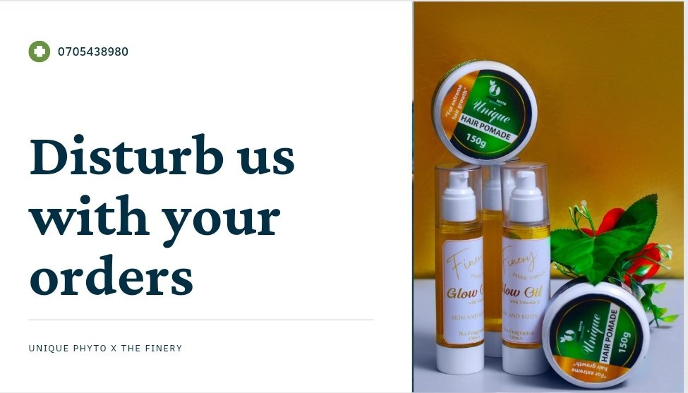 Hello @thefinery_ug and @Uniquephyto have teamed up .
Glow that skin and Grow your hair, with the finery glow oil and unique hair pomade. 
Dm / call 0705438980 to order
Combo UGX 60,000