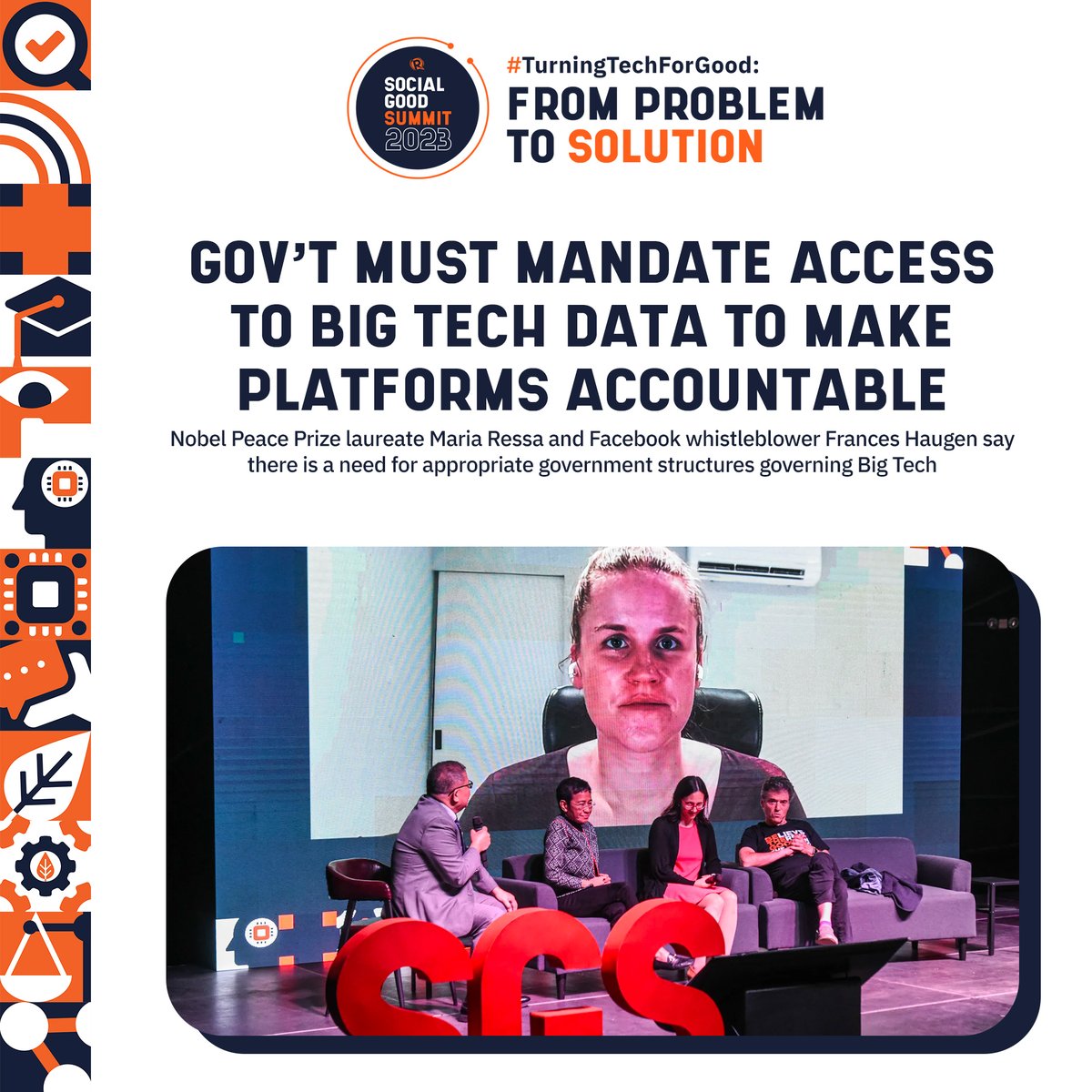 rapplerdotcom's tweet photo. Data transparency from Big Tech companies controlling our social media platforms is needed to make the ecosystem sustainable, tech experts said during the 2023 Social Good Summit. #SGS2023 #TurningTechForGood https://t.co/bOrELH9PUD https://t.co/sCkqR2Lbg2