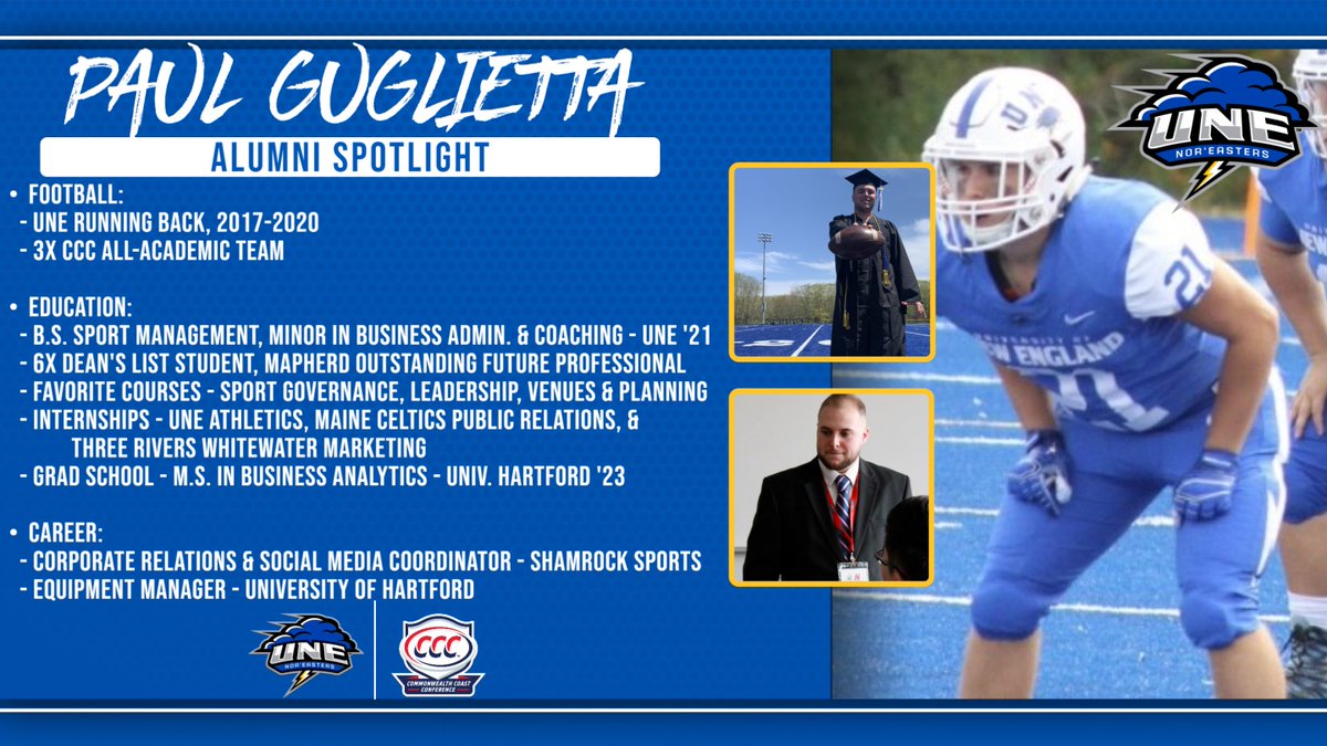 Next up in our spotlight series is a former RB with many academic accolades, Paul Guglietta. A native of CT, the 3x All-Academic Sport Mgmt. Major found his way back home after graduation. He currently works in the Athletics Department at the University of Hartford. 🌩️🏈 #STG