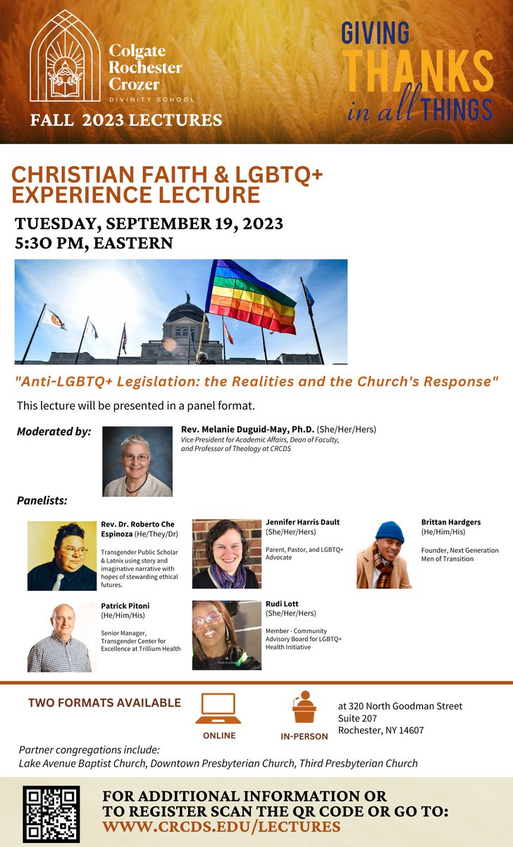Join us at 5:30 PM, Eastern for the Christian Faith &amp; LGBTQ+ Experience Lecture. 

Dr. Duguid-May will be moderating a community panel discussion on the recent "Anti-LGBTQ+ Legislation: the Realities and the Church's Response."

Register crcds.edu/lectures