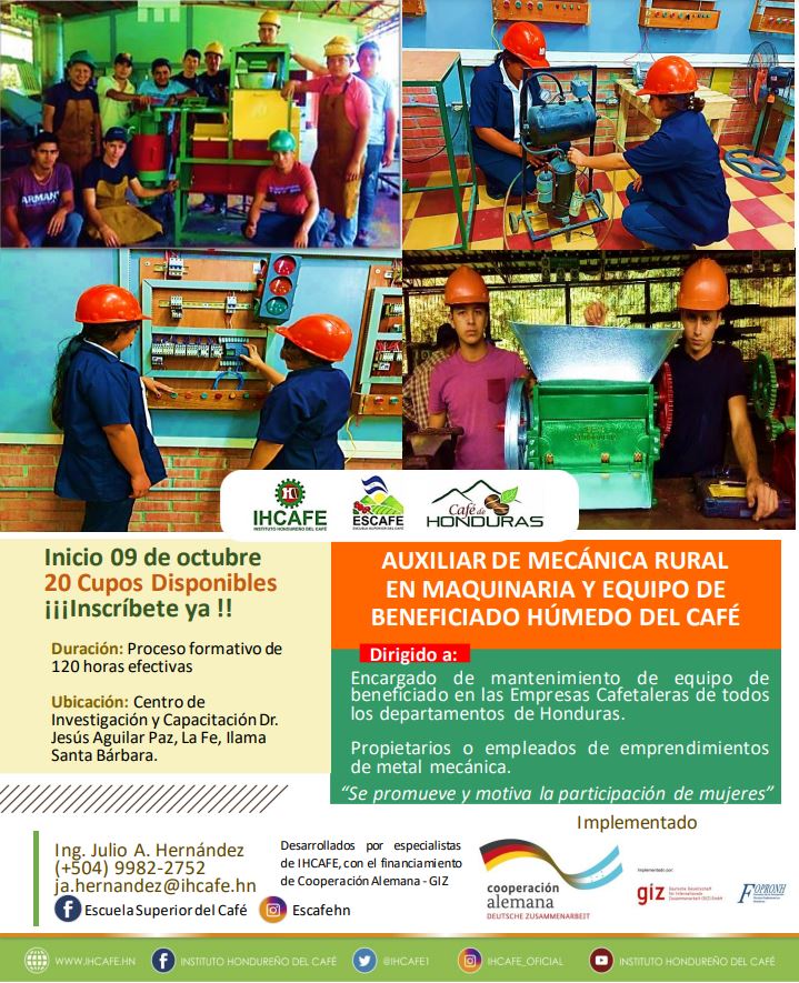 ¡Inscribete ya! y fórmate como Auxiliar de mecánica rural en maquinaria y equipo de beneficiado húmedo de café.
Cupo limitado