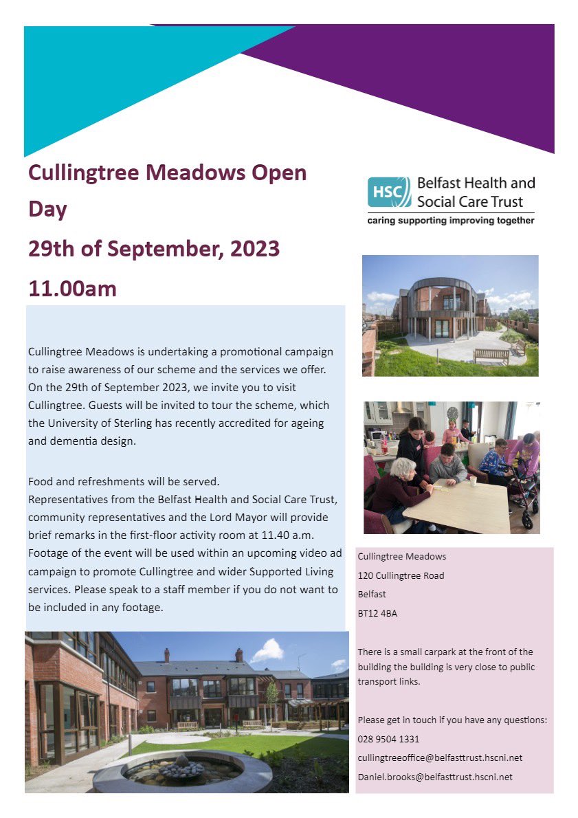 Cullingtree Meadows open day, supporting people with an early diagnosis of dementia in a fantastic facility. Contact cullingtreeoffice@belfasttrust.hscni.net for further details @FallsResidents @GrosvenorCommu2 @heartprojectMSC @belfastcc @BelfastTrust @nihecommunity