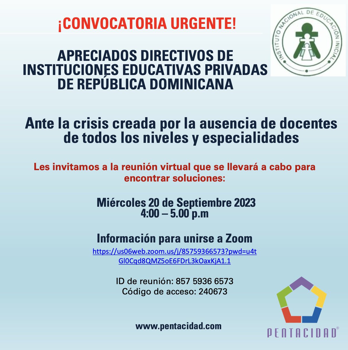 ¡Hola a todos! 📷📷
Sabemos que la educación es fundamental para el futuro de nuestra República Dominicana 📷, pero lamentablemente estamos enfrentando una escasez de docentes. 📷
Es por eso que el Grupo Pentacidad Modelo Educativo te invita a una reunión en Zoom.