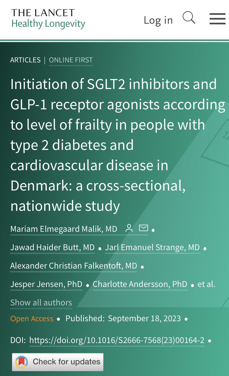 In this cross-sectional nationwide <a href="/LancetLongevity/">The Lancet Healthy Longevity</a> study <a href="/MariamElmegaard/">Mariam Elmegaard</a> and <a href="/mortschou/">morten schou</a> et al showed #frailty was associated with a ⬇️lower probability of SGLT2-inhibitor or GLP-1 receptor-agonist initiation, despite their benefits

Free 🔗 thelancet.com/journals/lanhl…
