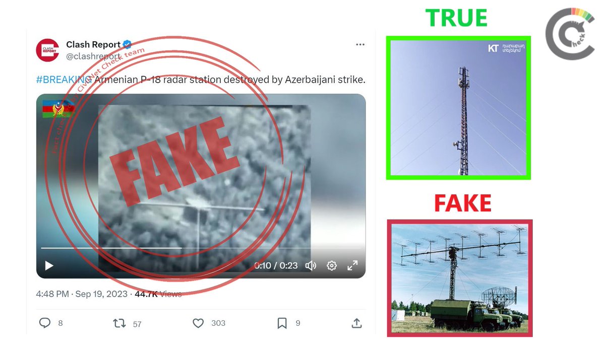 CivilNetTV's tweet photo. 📍#CivilNetCheck
❌In a video circulating online, Azerbaijan claims to have destroyed an Armenian P-18 radar station. These types of stations are typically mounted on trucks.
✅In reality, the station in the video is a regular cellphone guyed tower. https://t.co/VOK1AduDdS