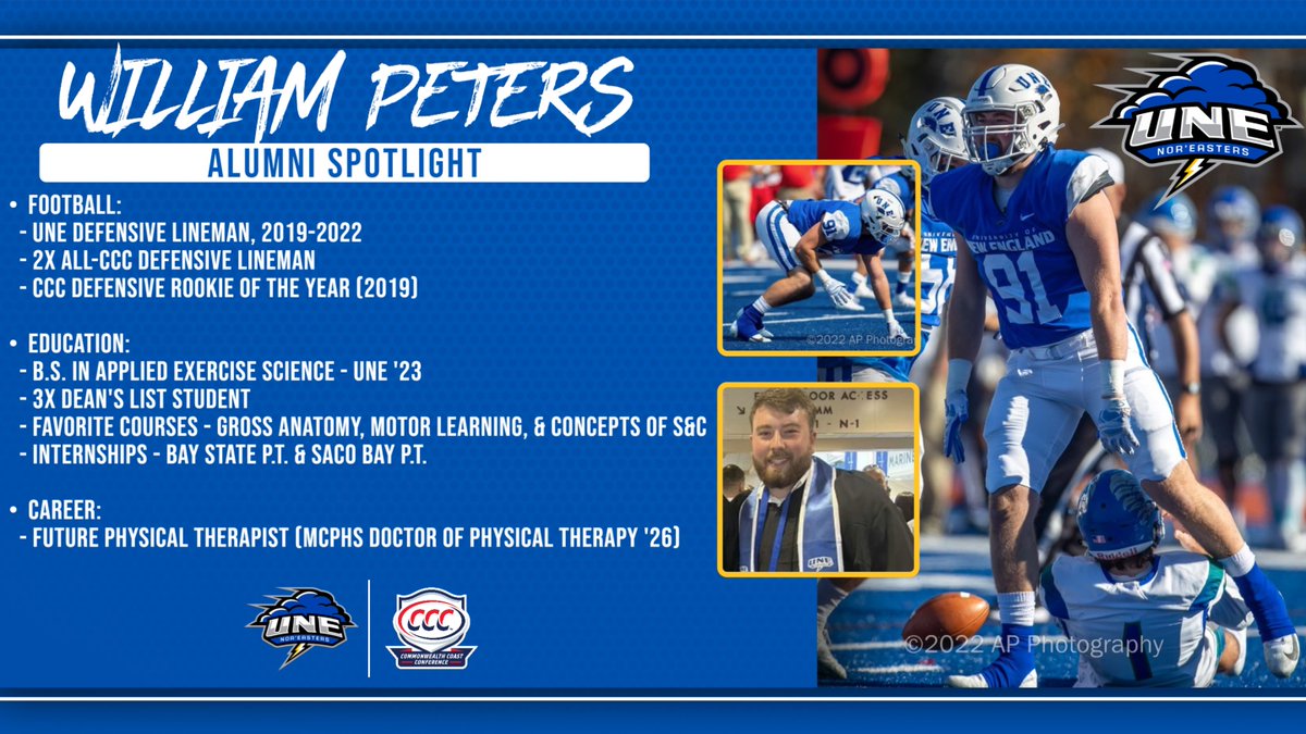 Our spotlight shines on William Peters this week. One of the best DL we've had, he certainly made the most of his time at UNE. Willy P (soon to be Dr. Peters) was a 2x All-Conf. DL, D.R.O.Y., and a 3x Dean's List student that earned admission into MCPHS' D.P.T. program. 🌩️🏈 #STG