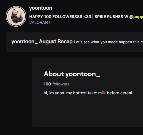 yoontoon_'s tweet photo. HAPPY ONE HUNDRED FOLLOWERS TO US!! THANK YOU SO MUCH WE MADE IT TO TRIPLE DIGITS!! RAAAH IM SO HAPPY. HONESTLY TODAY WAS THE BEST STREAM IVE EVER HAD :) THANK YOU SO MUCH

#twitch #streamer #twitchstreamer #smallstreamer #val #valorant #valtwt #Genshin #genshinimpact #genshintwt https://t.co/rjHny8lK2b
