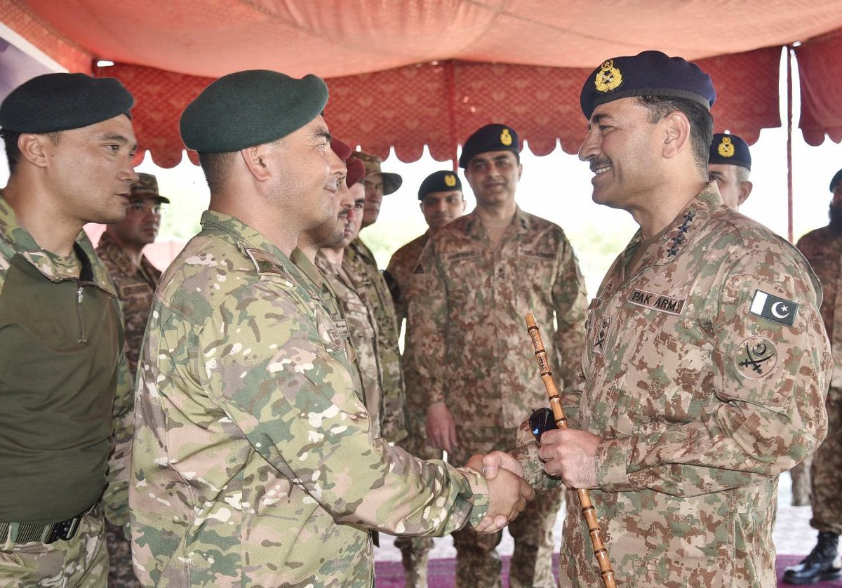 PakistanFauj's tweet photo. Opening Ceremony of Multi-National Special Forces Exercise “Eternal Brotherhood-II" was held at Barotha. 

@OfficialDGISPR #COAS #ISPR

Special Forces contingents from #Pakistan, Kazakhstan, Qatar, Turkiye and Uzbekistan are participating in two weeks long exercise.

General Syed Asim Munir, NI (M), Chief of Army Staff (COAS) visited Barotha Garrison and interacted with the exercising participants. Army Chief was briefed on scope/ conduct of the exercise by General officer Commanding Special Service Group.

The exercise is aimed at further harnessing the historic military to military relations among the friendly countries, including nurturing of joint employment concept, while identifying areas of mutual interest for future military collaborations and benefitting from each other’s experience against terrorism.

Prior to visiting Brotha, COAS also visited Junior Leadership Academy (JLA) Shinkiari, which is the Center of  Excellence for training of Non Commissioned Officers. He laid floral wreath at Yadgaar e Shuhada and addressed the participants of the Academy. COAS remarked that “Junior Leaders are the backbone of Pakistan Army and are key to success in Conventional and Unconventional Warfare.” 
“Our standard of professionalism and leadership is par excellence compared to any modern army of the world. Junior leaders of Pak Army have proven their mettle in the fields of training, operations and world class competitions across the world”, COAS concluded. 

On arrival at JLA and Brotha, COAS was received by Inspector General Training & Evaluation.