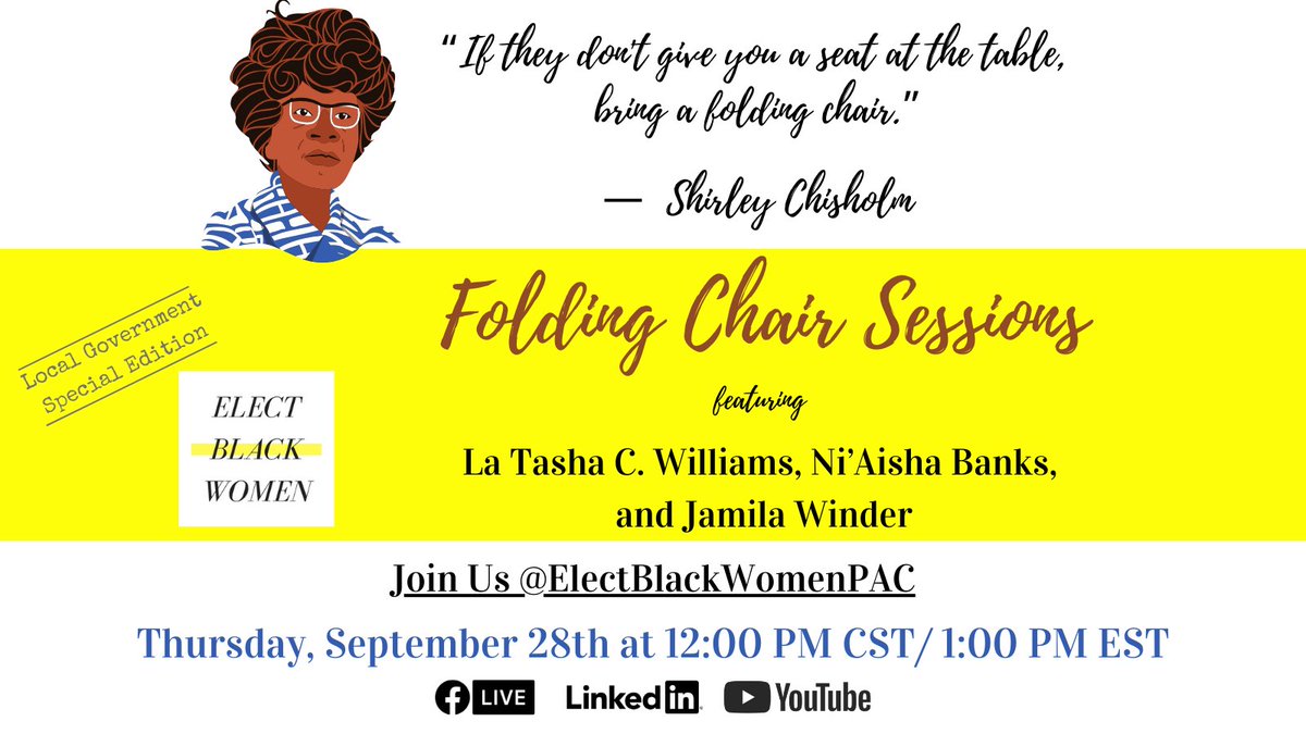 Pull up a chair on Thursday, September 28th, and join us for an inspiring conversation and virtual fundraiser where we highlight women changing the political landscape. This week features Jamila Winder, <a href="/NBanks4Chatham/">Ni'Aisha Banks</a>, and <a href="/LCherene/">La Tasha C. Williams</a>. 

Register here: ow.ly/s8JZ50PMgP9