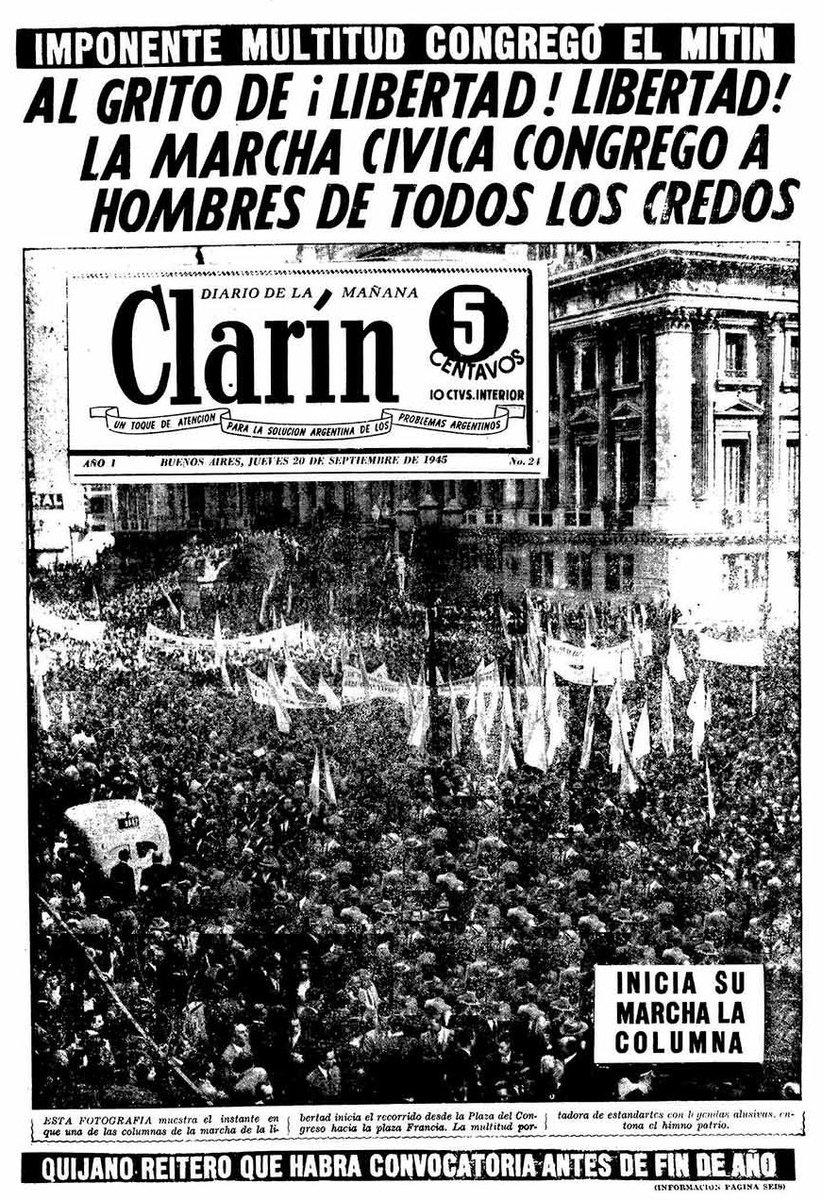 OldArg1810's tweet photo. El 19 de septiembre de 1945 tuvo lugar en Buenos Aires,  la Marcha de la Constitución y la Libertad, que reunió entre 250.000 y 500.00 personas, según diversas fuentes, para reclamar por el fin del gobierno militar de facto, encabezado por el general Edelmiro J. Farrell y el coronel Juan Domingo Perón, que gobernaba al país desde el golpe de Estado del 4 de junio de 1943. La Marcha tuvo las siguientes consignas: "Entrega del gobierno nacional al presidente de la Corte Suprema de Justicia, como la manda la ley de acefalía. Elecciones inmediatas y libres sin estatuto de Partidos Políticos y sólo de acuerdo a la ley Sáenz Peña. Ni gobierno del ejército, ni gobierno en nombre del ejército".