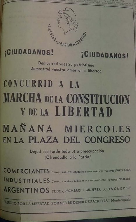 OldArg1810's tweet photo. El 19 de septiembre de 1945 tuvo lugar en Buenos Aires,  la Marcha de la Constitución y la Libertad, que reunió entre 250.000 y 500.00 personas, según diversas fuentes, para reclamar por el fin del gobierno militar de facto, encabezado por el general Edelmiro J. Farrell y el coronel Juan Domingo Perón, que gobernaba al país desde el golpe de Estado del 4 de junio de 1943. La Marcha tuvo las siguientes consignas: "Entrega del gobierno nacional al presidente de la Corte Suprema de Justicia, como la manda la ley de acefalía. Elecciones inmediatas y libres sin estatuto de Partidos Políticos y sólo de acuerdo a la ley Sáenz Peña. Ni gobierno del ejército, ni gobierno en nombre del ejército".