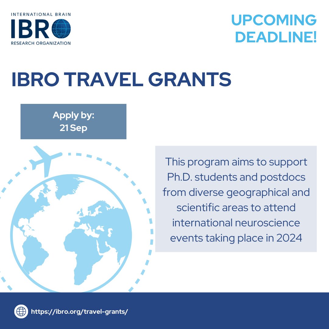 🧠 UPCOMING DEADLINE! Looking for #funding to attend an international #neuroscience event in 2024? Apply for an #IBRO #TravelGrant by 21 Sep 2023: ibro.org/travel-grants/ @TheBaleLab @JLLanciego @APalacio_s @cheahpikesee @desiretshala @villiam68