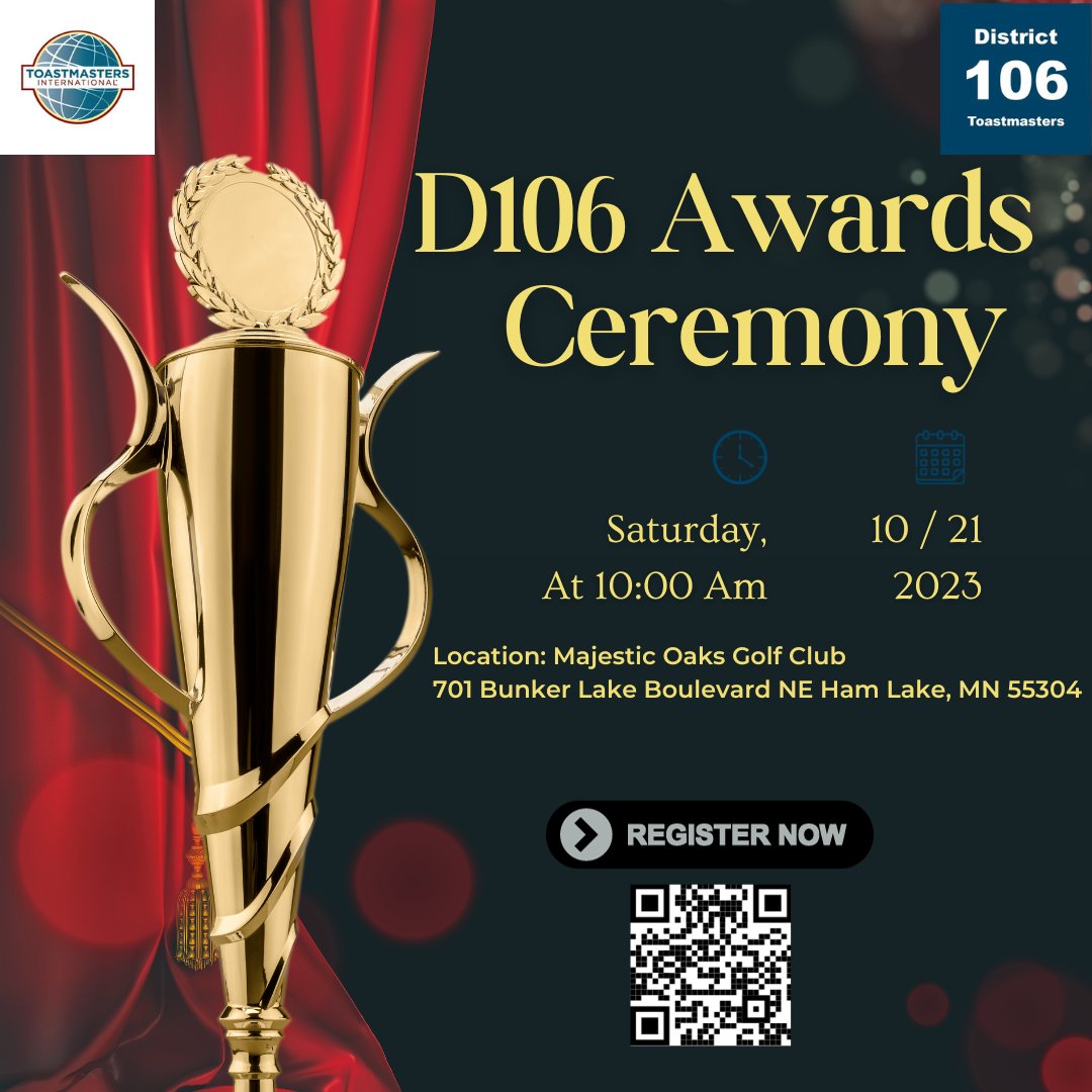 Have you reserved your ticket for the District 106 Awards Luncheon Ceremony? Hurry up! Register immediately bit.ly/3ZneXzo Venue: Majestic Oaks Golf Club, 701 Bunker Lake Boulevard NE Ham Lake, MN 55304.