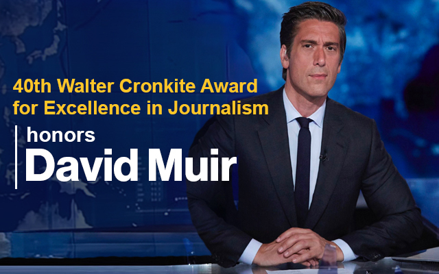 We’re thrilled to announce that <a href="/DavidMuir/">David Muir</a>, anchor and managing editor of "<a href="/ABC/">ABC News</a>’s World News Tonight with David Muir" and co-anchor of “<a href="/ABC2020/">20/20</a>,” will receive the 40th Cronkite Award. 

He’ll be celebrated at the annual Cronkite Luncheon on Feb. 8. ow.ly/CzJv50PN4I7