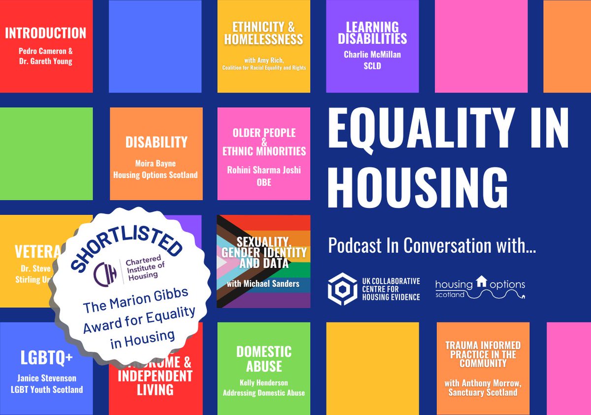 We're delighted that our podcast Equality in Housing has been shortlisted for the <a href="/CIHScotland/">CIH Scotland</a> Marion Gibbs Award for Equality in Housing! 🌟

We're in excellent company with projects by <a href="/inverclyde/">Inverclyde Council</a> Housing Options team and <a href="/MaryhillHousing/">Maryhill Housing</a> also making the list! #CIHScotAward