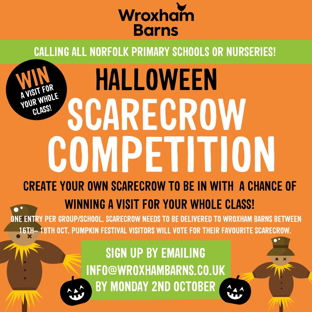 📣Calling all Norfolk schools and nurseries 📣 Our annual scarecrow competition is back for another year! Email info@wroxhambarns.co.uk by 2nd October to sign up!