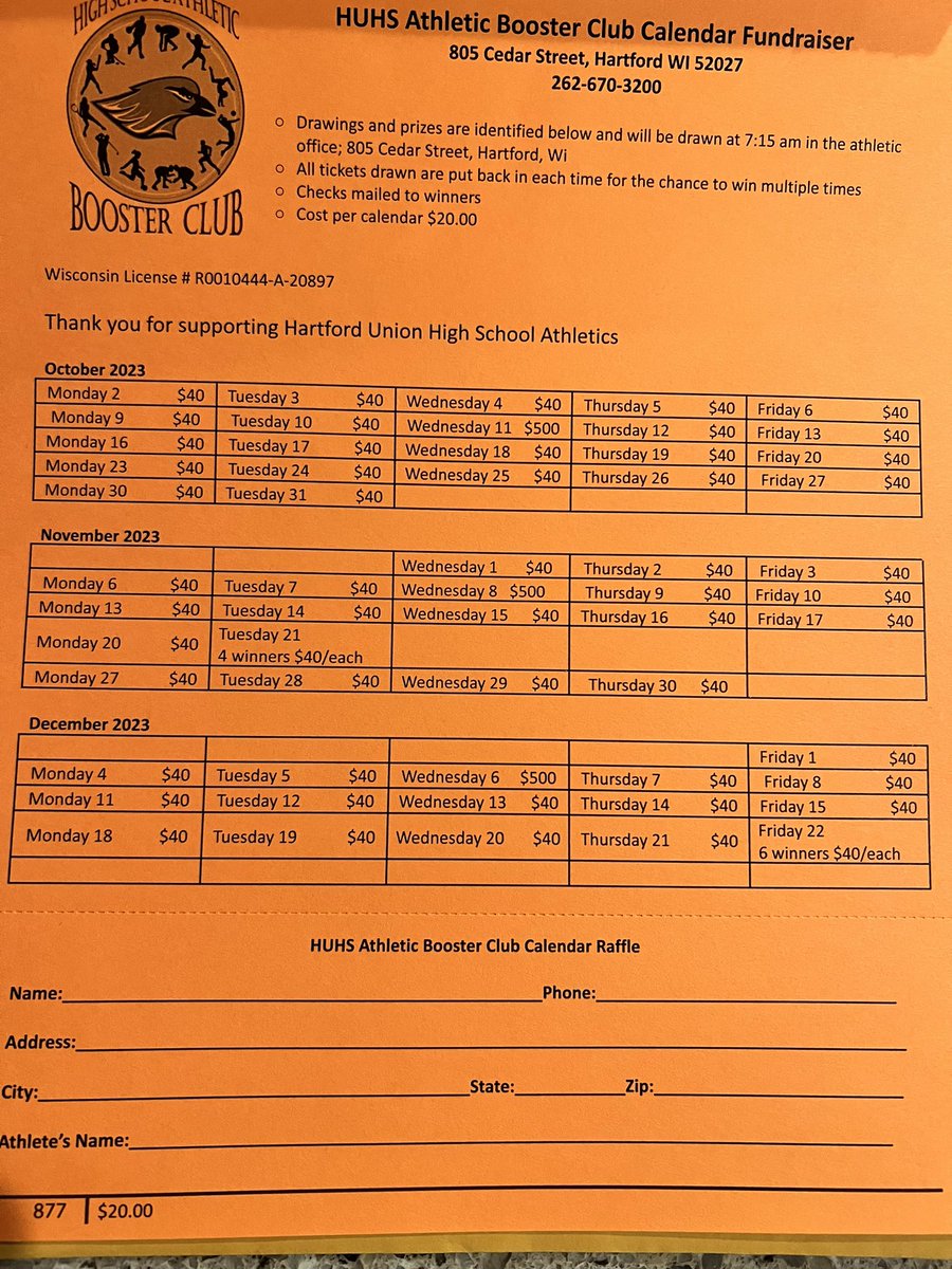 HUHS_Boosters's tweet photo. Hey fall athlete families!!!
Don’t forget to sell your calendars and get money and entries turned in asap. First drawing is 10/2! Extra cards are available and winners will be posted on the booster page daily. Good luck and thanks for supporting the HUHS Athletic Booster Club. https://t.co/40xPiX4Sz0