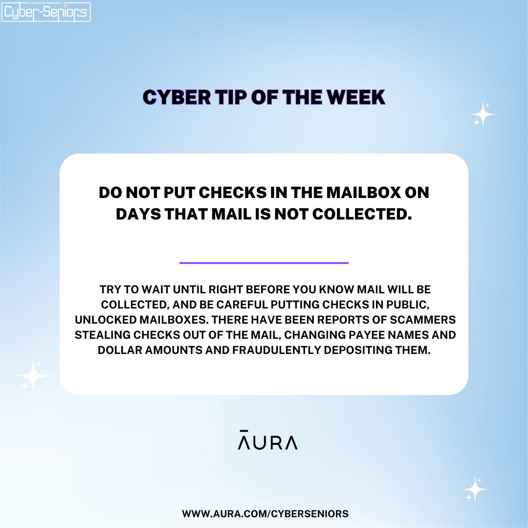 cyberseniors's tweet photo. 🚨 CYBER TIP OF THE WEEK! 🚨 Presented by @Aura_Protects https://t.co/CpMFXmvkte
