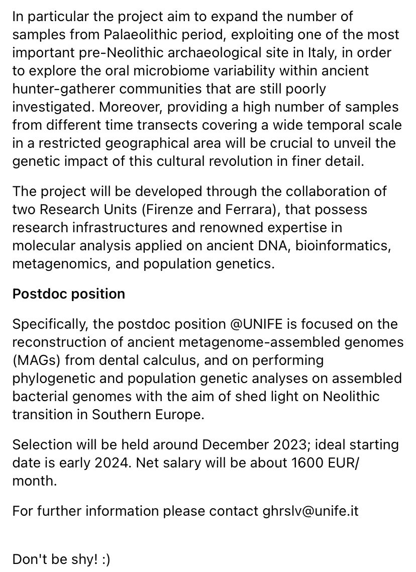 One year postdoc position in population genomics and metagenomics is available in @silviezza84 research group at the University of Ferrara (Italy). Check bellow for details #metagenomics #ancientdna #populationgenomics
