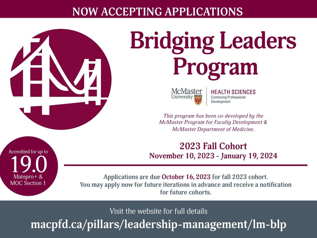#MacCPD is now accepting applications for the Bridging Leaders Program '23, Fall Cohort, running from November 10, 2023, to January 19, 2024. Applications are due Oct 16, 2023! View the full details online bit.ly/3qwf8vq