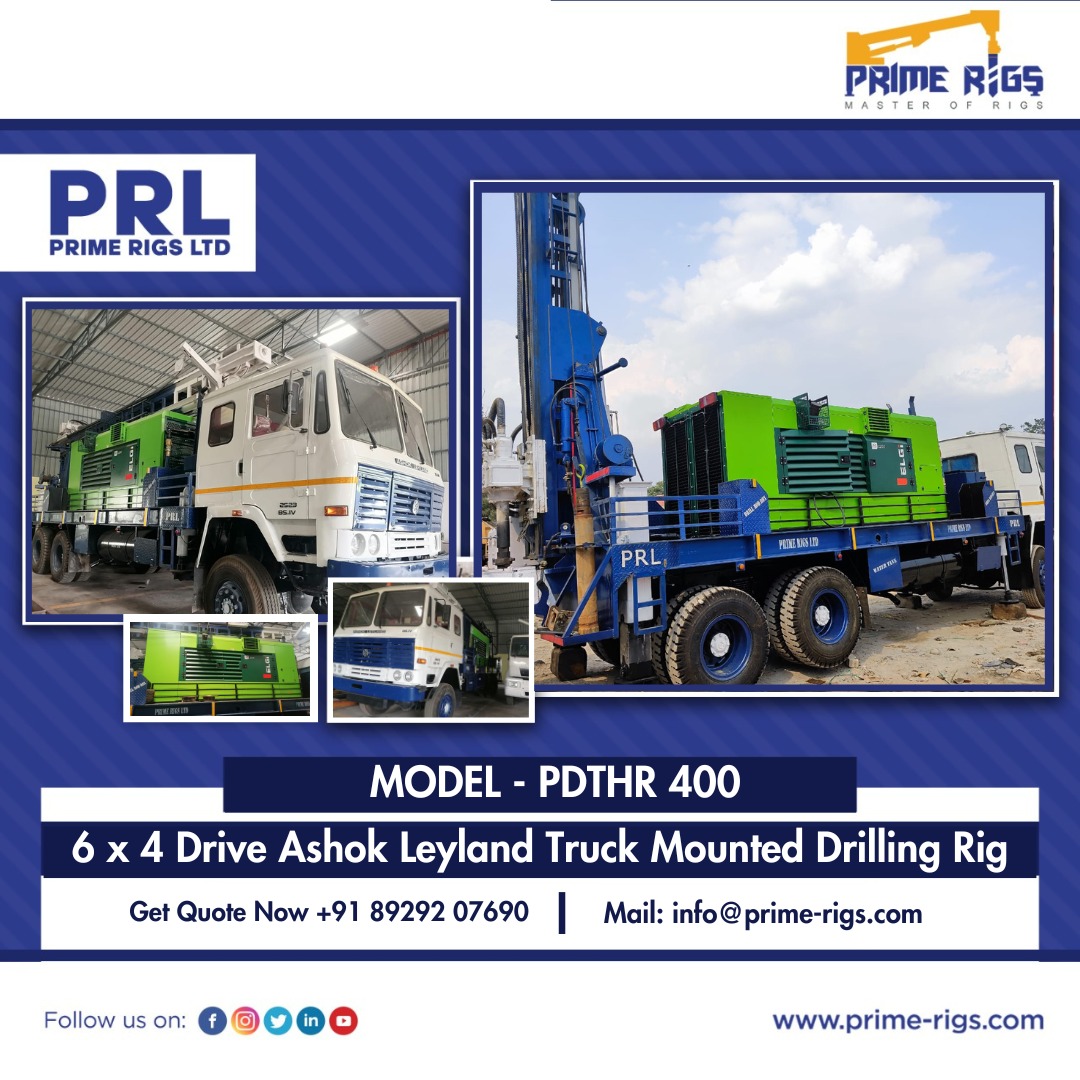 primerigsltd's tweet image. Featuring a 6X4 Drive (10 tyres) Truck, the PRL PDTHR 400 truck-mounted water well drilling rig comes equipped with an integrated 1200CFM@330PSI ELGI Compressor onboard.
For a price quote, contact us now at 
+91 7290022307
#PRL #readilyavailable #drillingrig #waterwelldrilling