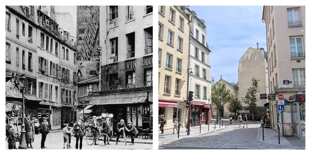 Parisidftn's tweet photo. Carrefour des rues Saint-Jacques et Galande, Paris, c.1900 and today. Thanks to @ParisAMDParis for historic image. 

 #Paris #thenandnow #avantapres #voyagerdansletemps #history #histoire #vieuxparis #parisperdu #ruesdeparis #ParisJeTaime #ParisMonamour https://t.co/DX9cTeJEVl
