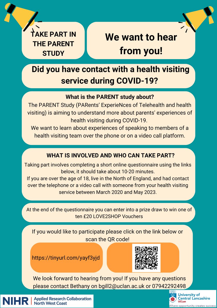 Hi everyone! I am recruiting for my PhD research. If you are a parent in the North of England and had contact with a health visiting team sometime between 2020 and 2023, please consider taking part. You can also opt in to a prize draw. Thank you! tinyurl.com/yayf3yjd