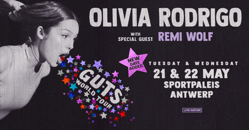 JUST ANNOUNCED: Due to incredible fan demand, <a href="/oliviarodrigo/">Olivia Rodrigo</a> has added a second date to her GUTS world tour in Antwerp at Sportpaleis on May 21 2024!
Registration has now closed. Fans who receive a code can access both the original date and the new date during the onsale on 21/9.