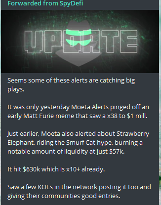 🕵️‍♂️ - <a href="/moetaproject/">Moeta | ERC20</a> also providing real time LP 🔥 alerts on the same feed as the rest giving you a chance to maybe hop in before others discover at this vital point in a projects lifespan. Still requires DYOR and safe CA checking! 
This example provided ample profits for many!