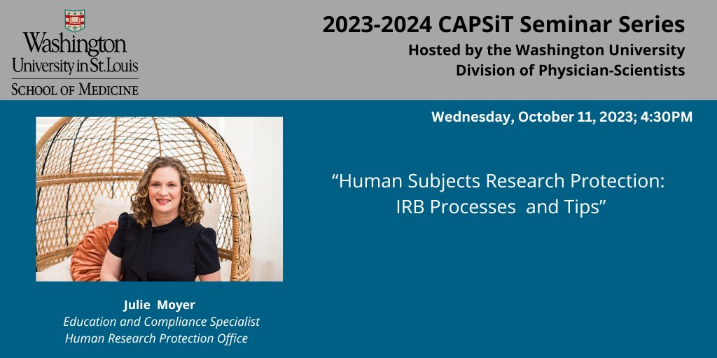 WashUDPS's tweet photo. Mark your calendar for the next #CAPSiT Seminar on October 11 when we hear all about IRB processes and tips from Julie Moyer. Zoom link: https://t.co/Hivj1xXTuC https://t.co/pAw7fH5Xw7