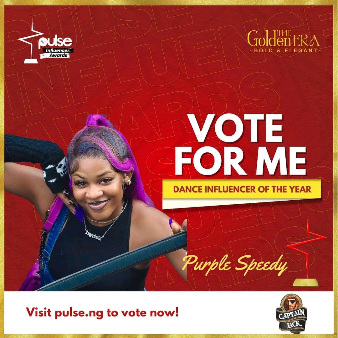 Vote Purple Speedy for  Dance Influencer of the Year

Vote here: pulse.ng/influencer-awa…

#PulseInfluencerAwards2023
#PulseInfluencerAwardsNigeria #PulseInfluencerAwards