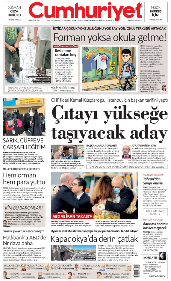 AnkaraCUMOK's tweet photo. CUMHURİYET'te BUGÜN... 19 Eylül 2023...
"İktidar çocuk yoksulluğunu yok sayıyor, okul terkleri artacak. FORMAN YOKSA OKULA GELME!" #FigenAtalay haberi, @TemocinZafer çizgisiyle
@cumhuriyetgzt @AnkaraCUMOK 
#GüneCumhuriyetleBaşlayın
#HerGünBirEkmekBirCumhuriyet https://t.co/OYSTmyCC2l