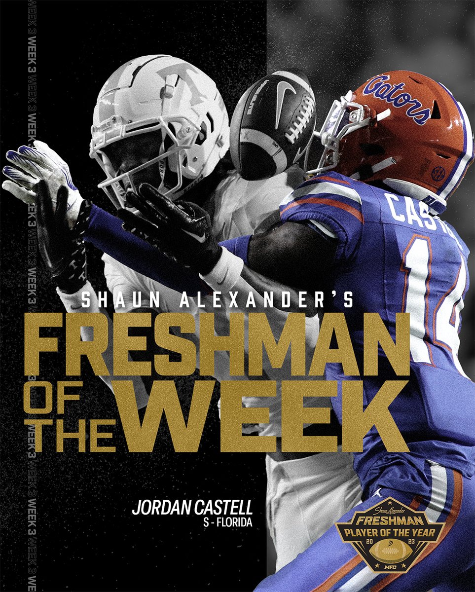 shaunalexander's tweet photo. Congratulations to Jordan Castell (S), Florida! @jordan_castell is this week’s Shaun Alexander Freshman Player of the Week. Go Gators! s/o lil bro @TimTebow & big bro @emmittsmith22 @gatorsfb #FPOY #AlexanderAward #PrinceOfCollegeFootball #CarrytheCoin #FinishTheGame @MFC https://t.co/ILVhomjSrQ