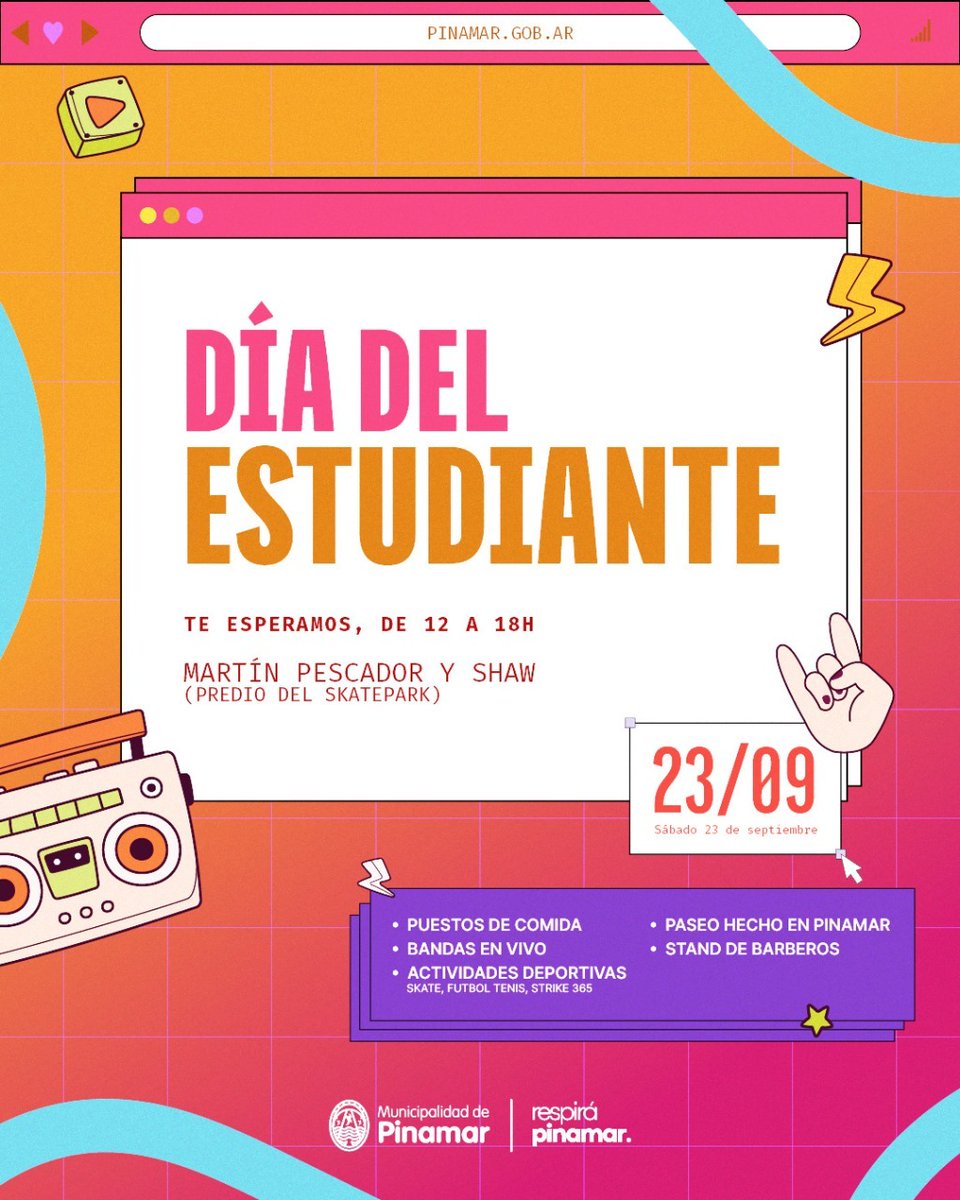 AnabelaAcacio's tweet photo. DÍA DEL ESTUDIANTE🎊

🗓️ Este sábado 23
📍Skatepark de Shaw y Martín Pescador.

🎸Bandas en vivo
🎤Batalla de rap
⚽Actividades deportivas (skate, fútbol, tenis, strike 365)
🥤Puestos de comida
🛍️Paseo Hecho en Pinamar 
🧔🏻‍♂️y stand de barberos.

🥳¿Nos vemos ahí?

@martinyeza https://t.co/H74CW0Lhf4