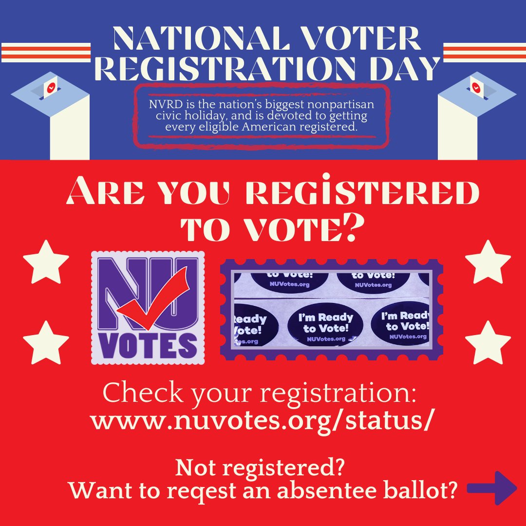 nuvotes's tweet photo. Celebrate National Voter Registration Day with NU Votes! Head over to CCE to register as a first-time voter, change your address, or print an absentee ballot.  Drop-in hours run from 10 am-4 pm all week! 

#VoteReady #NationalVoterRegistrationDay #NUVotes #RegisterToVote https://t.co/0PsdNjRN6q
