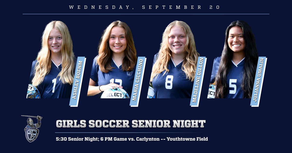 Senior Night💙⚽️ Hey Crusader Nation! Let's show out at our BC Girls Soccer Senior Night tomorrow Wednesday, September 20 at Youthtowne Field! Senior Night festivities begin at 5:30!! See you there💙🤍 #stignatiusloyola #BeConnected #GoBC #seniors #WeAreBC #CrusaderNation