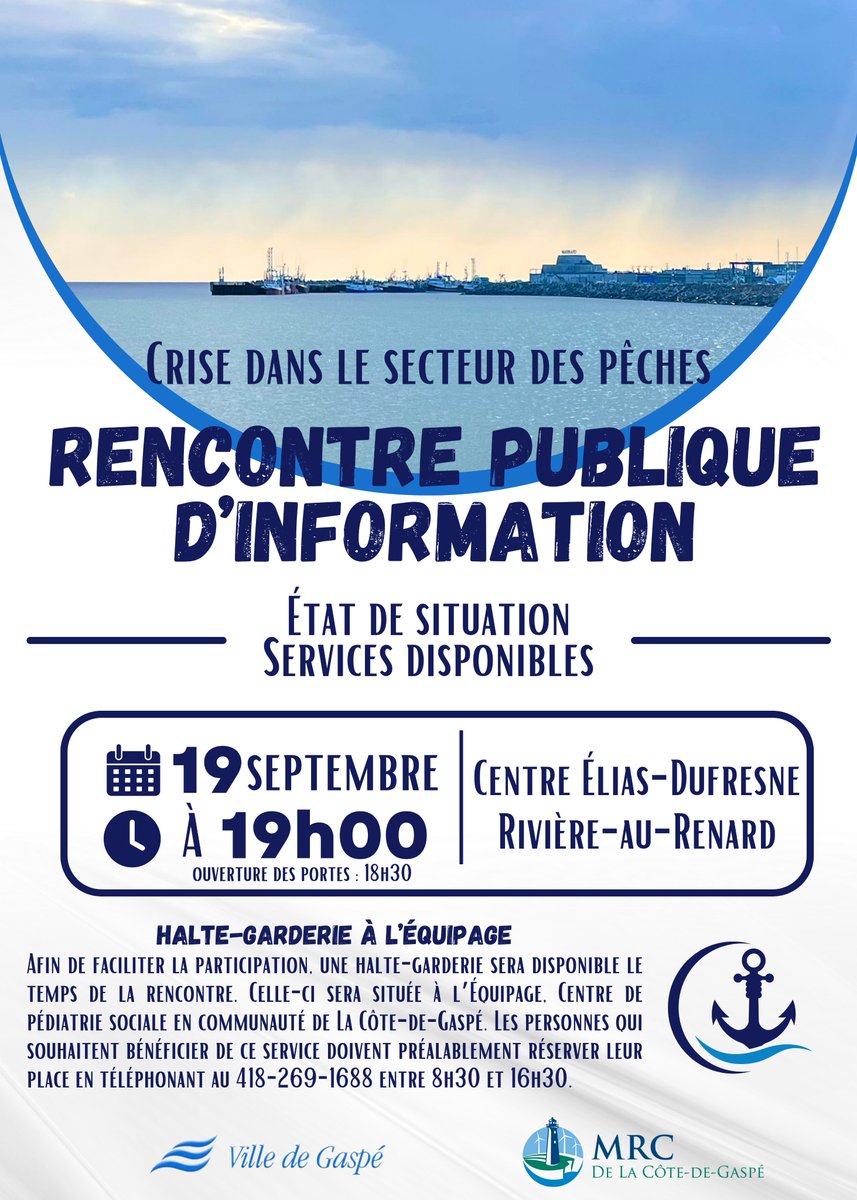 📌⚓️[Rencontre publique d’information – Crise dans le secteur des pêches]
⏰Cette rencontre publique d’information a lieu ce soir, mardi 19 septembre, à 19h00 au Centre Élias-Dufresne de Rivière-au-Renard.