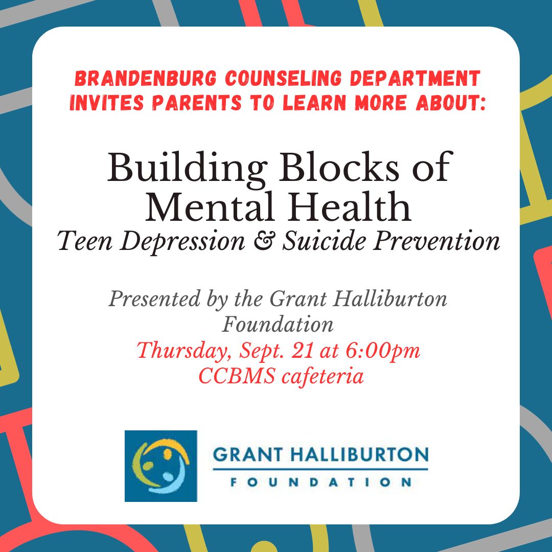 Brandenburg MS (@ccbms_braves) on Twitter photo Mark your calendars! Parents, please join us for a presentation on mental health, teen depression, & suicide prevention hosted by the Grant Halliburton Foundation! It's this Thursday, 9/21 at 6:00pm in the CCBMS cafeteria. See you there!
#BeBrave <a href="/gisdcounseling/">GISD Guidance and Counseling</a> <a href="/gisdnews/">Garland ISD</a> Mark your calendars! Parents, please join us for a presentation on mental health, teen depression, & suicide prevention hosted by the Grant Halliburton Foundation! It's this Thursday, 9/21 at 6:00pm in the CCBMS cafeteria. See you there!
#BeBrave <a href="/gisdcounseling/">GISD Guidance and Counseling</a> <a href="/gisdnews/">Garland ISD</a>